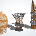 Creative Modern Roadside Facilities Featuring Woven Metal Frame And Wooden Structures 3d model