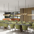 Modern Restaurant Interior Design With Red Chairs Green Booths And Large Windows