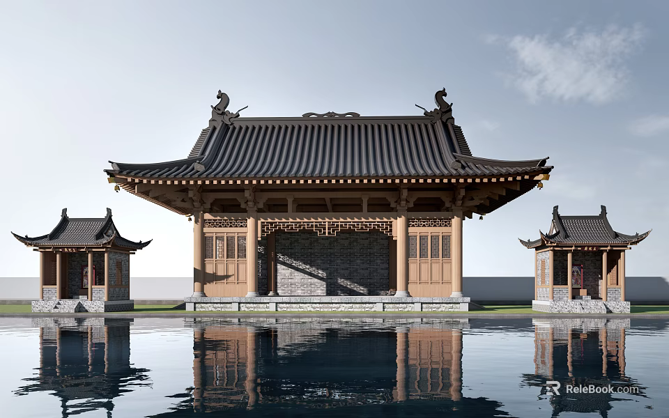 Ancient Chinese Architecture With Curved Eaves Black Tiled Roof And Water Reflection 3d model 