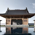 Ancient Chinese Architecture With Curved Eaves Black Tiled Roof And Water Reflection