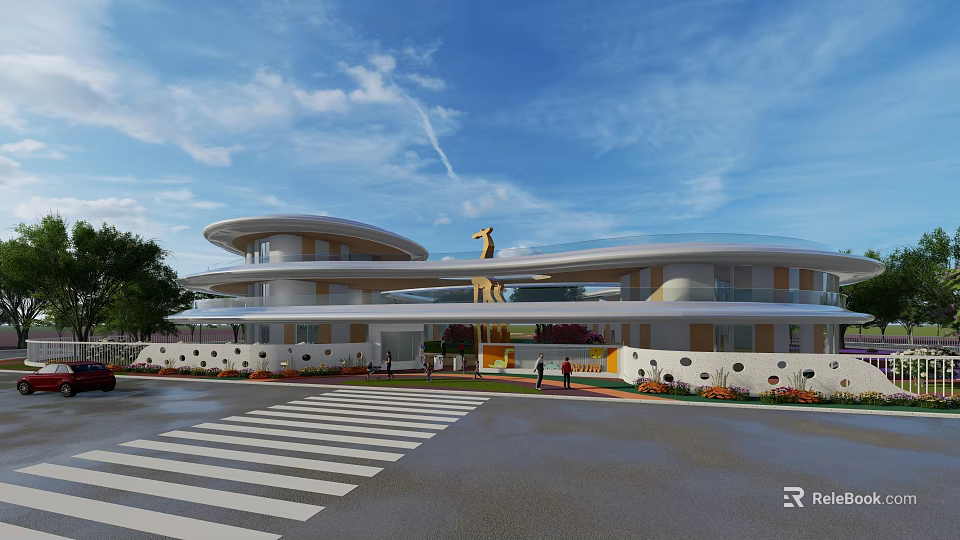 Modern School Building Featuring Curved Structure Glass Roof Golden Sculpture Entrance Greenery And Zebra Crossing 3d model 