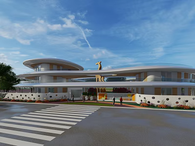 Modern School Building Featuring Curved Structure Glass Roof Golden Sculpture Entrance Greenery And Zebra Crossing 3d model