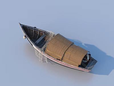 Traditional Wooden Boat With Fishing Net And Canvas Canopy On Deck 3d model