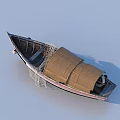 Traditional Wooden Boat With Fishing Net And Canvas Canopy On Deck