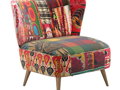 Vibrant Bohemian Accent Chair With Colorful Patchwork Patterns And Wooden Legs 3d model