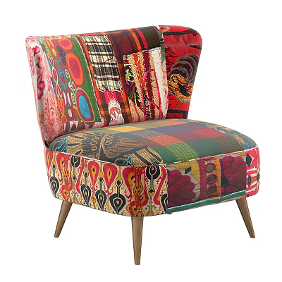 Vibrant Bohemian Accent Chair With Colorful Patchwork Patterns And Wooden Legs 3d model