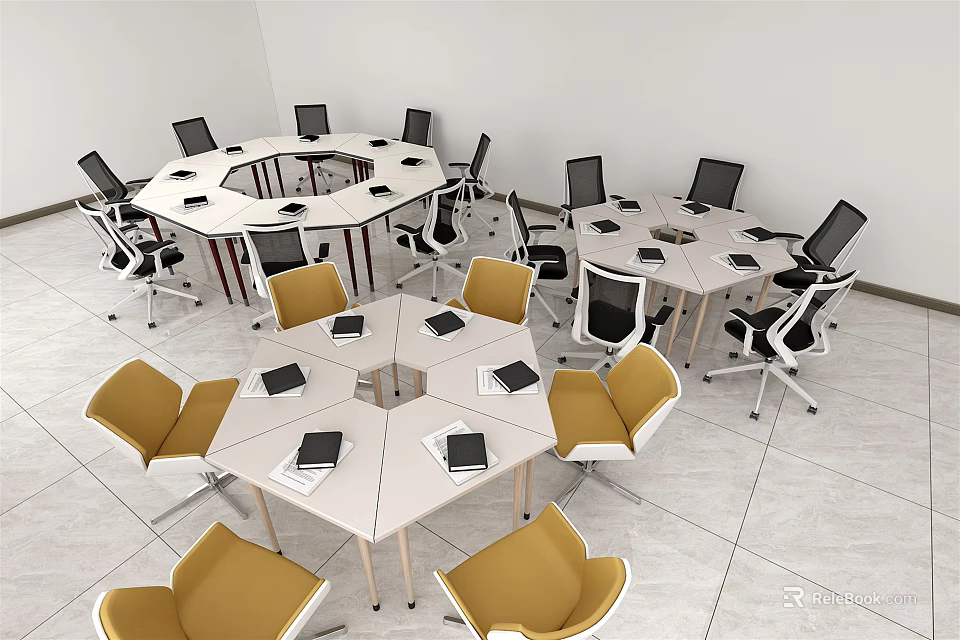 Modern Office Workspace With Round Hexagonal Desks Laptops And Mixed Color Chairs 3d model 