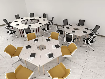 Modern Office Workspace With Round Hexagonal Desks Laptops And Mixed Color Chairs 3d model