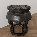 Black Wooden Chinese Style Carved Stool With Round Top And Curved Legs