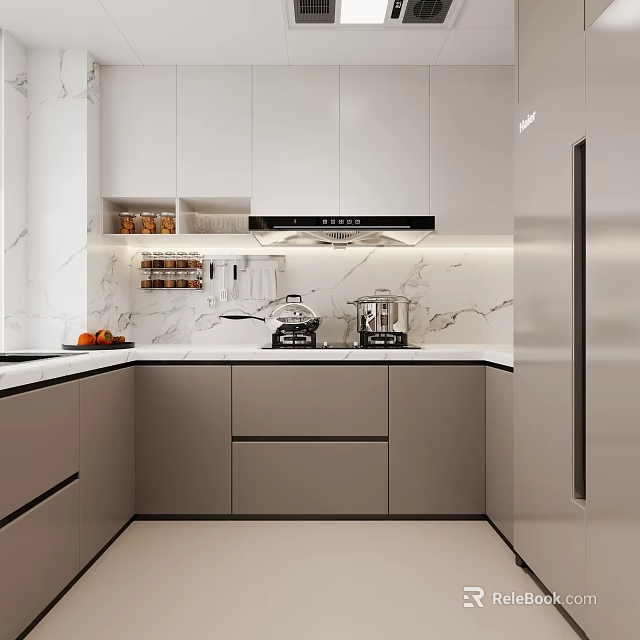 Modern Open Kitchen Interior Design With Island Counter And Appliances 3d model