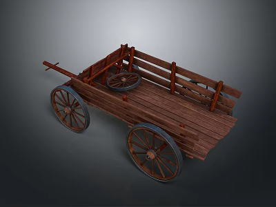 Old Style Wooden Cart With Spoked Wheels And Wooden Rail Platform 3d model