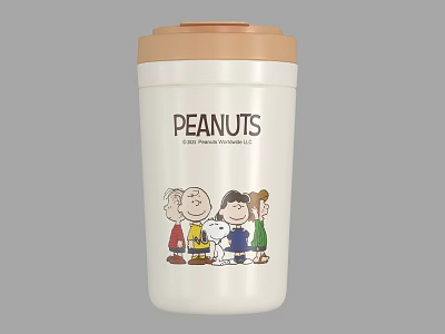 Peanuts Themed White Cup With Brown Lid And Classic Cartoon Characters Design 3d model