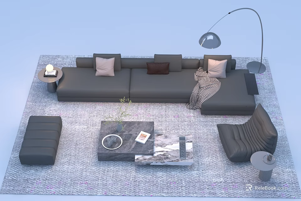 Modern Sofa And Coffee Table Set With Gray Cushions Floor Lamp And Patterned Rug Interior 3d model