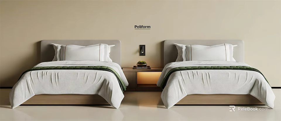 Modern Minimalist Bedroom With Two Single Beds White Bedding Green Stripes And Nightstand 3d model 