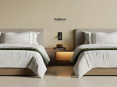 Modern Minimalist Bedroom With Two Single Beds White Bedding Green Stripes And Nightstand 3d model