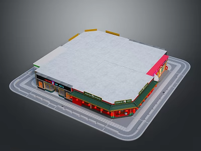 Cars Driving Near Modern Commercial Building With Gray Roof And Colorful Facade 3d model