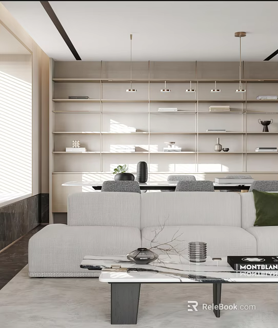 Modern Living Dining Room Interior With Grey Sofa Open Bookshelves Dining Table And Hanging Lights 3d model 