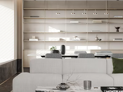 Modern Living Dining Room Interior With Grey Sofa Open Bookshelves Dining Table And Hanging Lights 3d model