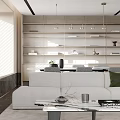 Modern Living Dining Room Interior With Grey Sofa Open Bookshelves Dining Table And Hanging Lights