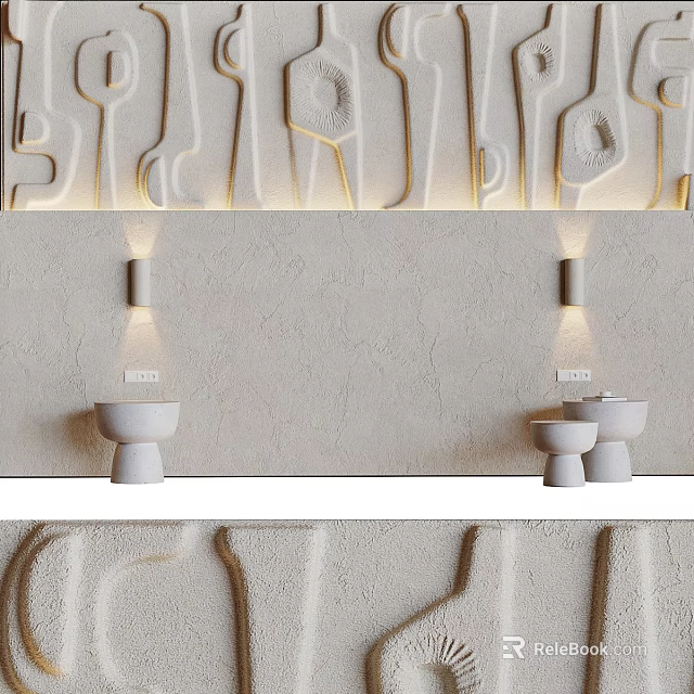 Modern Textured TV Background Wall With Decorative Panels And Wall Sconces 3d model 