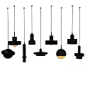 Modern Black Metal Pendant Lights with Various Geometric Shapes and Glowing Bulbs