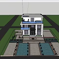 Modern Two Story Detached Villa with Large Windows Stone Driveway and Balcony Surrounded by Greenery