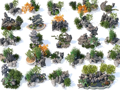 Creative Garden Ornaments Featuring Rock Formations Small Plants Potted Greenery And Miniature Landscapes 3d model