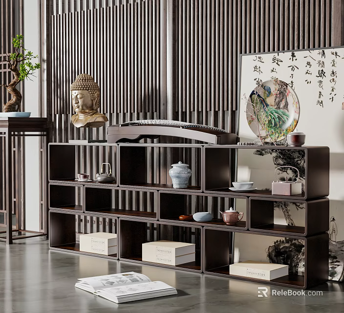 Dark Wood Chinese Style Display Storage Shelf With Tea Sets Decorative Items And Books 3d model 