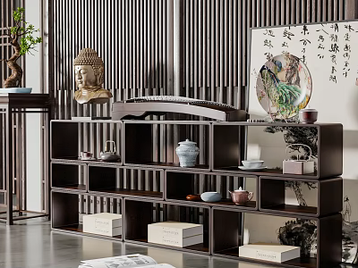 Dark Wood Chinese Style Display Storage Shelf With Tea Sets Decorative Items And Books 3d model