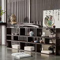 Dark Wood Chinese Style Display Storage Shelf With Tea Sets Decorative Items And Books