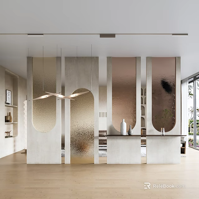Modern Minimalist Room Divider Design With Textured Glass Arch Panels And Warm Lighting 3d model 