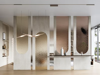 Modern Minimalist Room Divider Design With Textured Glass Arch Panels And Warm Lighting 3d model