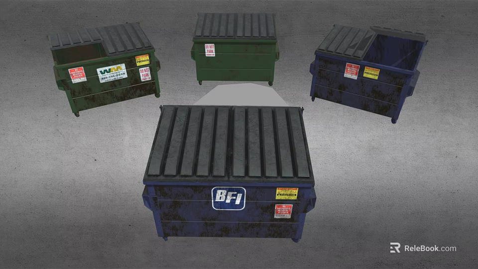 Different Colored Dumpsters With BFI Labels And Stickers On Gray Ground 3d model 