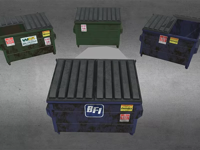 Different Colored Dumpsters With BFI Labels And Stickers On Gray Ground 3d model
