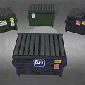 Different Colored Dumpsters With BFI Labels And Stickers On Gray Ground