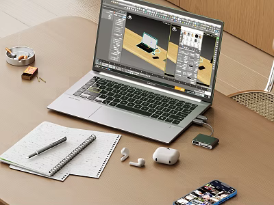 Laptop Displaying Design Software On Wooden Desk With Notebook Pen Wireless Earbuds Smartphone And Charger 3d model