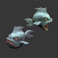 Blue Fish Monster Game Movie Character Design With Sharp Teeth Open Mouth Prominent Eyes
