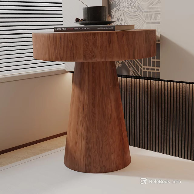 Brown Walnut Wood Side Table with Round Top and Tapered Base in Modern Living Room 3d model 