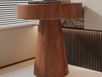 Brown Walnut Wood Side Table with Round Top and Tapered Base in Modern Living Room 3d model