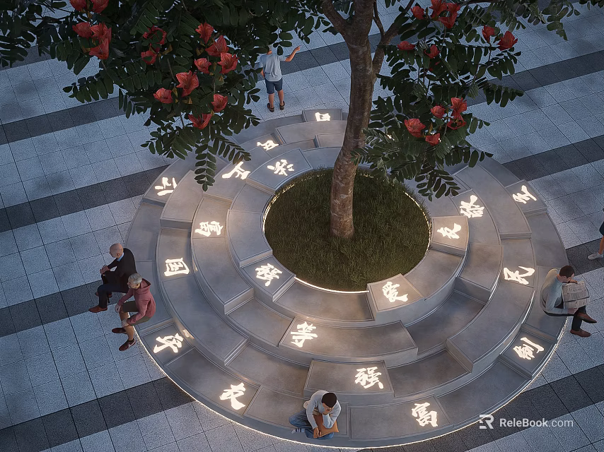Circular Tree Pit With Seating And Inscribed Characters In Outdoor Public Space 3d model 