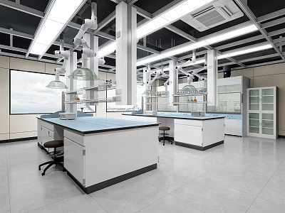 Modern Laboratory Interior With Lab Benches Fume Hoods And Storage Cabinets 3d model