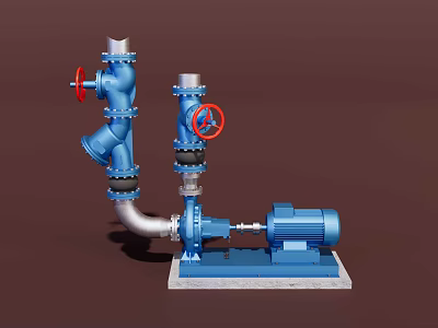 Blue Industrial Equipment With Red Handled Valves Pipes And Motor On Base 3d model