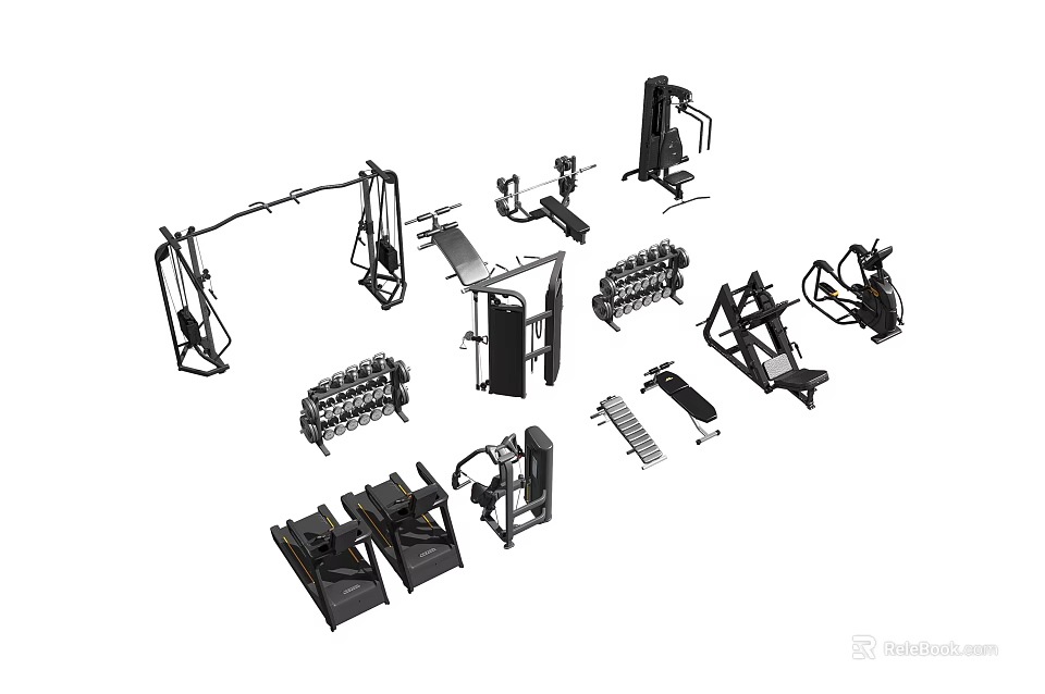 Various Home Gym Fitness Equipment With Multi Functional Trainers Treadmills And Weight Benches 3d model 