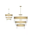 Pair of Golden Circular Layered Fringed Chandeliers Hanging In Simple Design