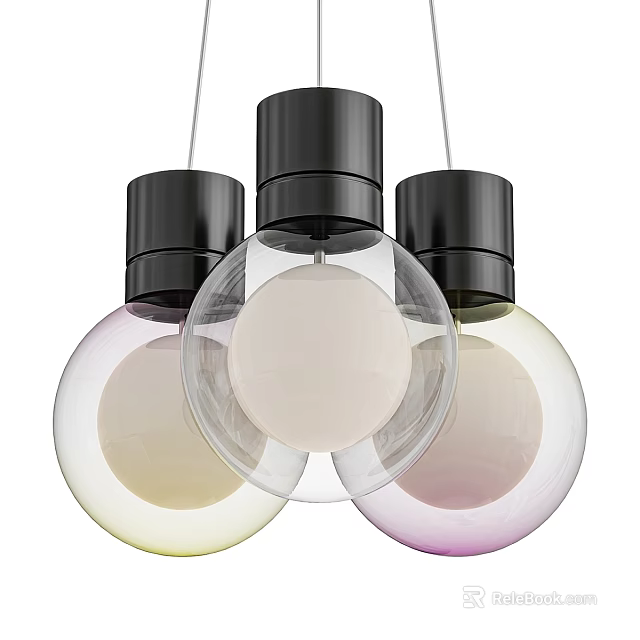 Modern Spherical Pendant Lights With Black Cap Transparent Glass And White Pink Yellow Tones 3d model 
