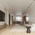 Modern Open Concept Living Dining Room Interior With Wooden Cabinets Dining Table And Windows