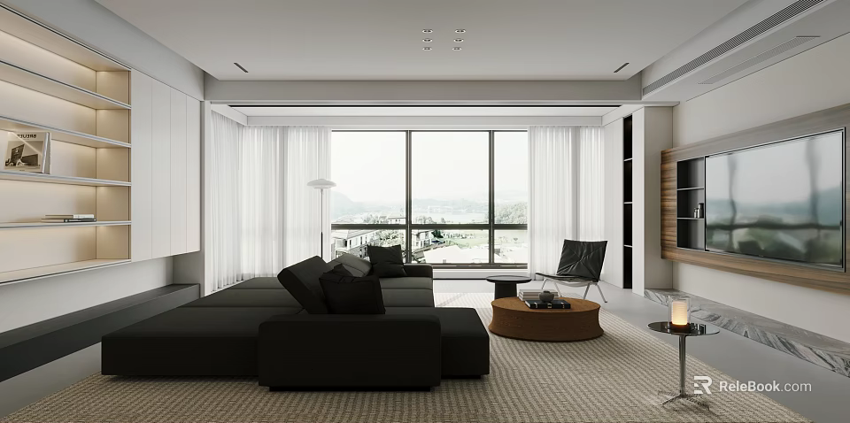 Bright Minimalist Modern Living Room With Panoramic Window And Cozy Large Sectional Sofa Set 3d model 
