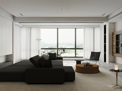 Bright Minimalist Modern Living Room With Panoramic Window And Cozy Large Sectional Sofa Set 3d model