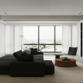 Bright Minimalist Modern Living Room With Panoramic Window And Cozy Large Sectional Sofa Set
