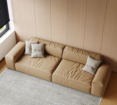 Beige Two Seater Sofa With Light Gray Cushions In Living Room Wooden Wall Gray Rug 3d model